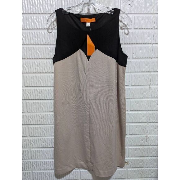 Cynthia Steffe Women's Tan Black Cutout Shift Dress Sleeveless Mini Large NWT - Picture 1 of 5
